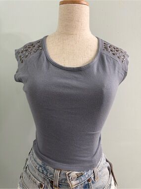 Y2K Steel Grey Crop Top Studded Sleeves XS